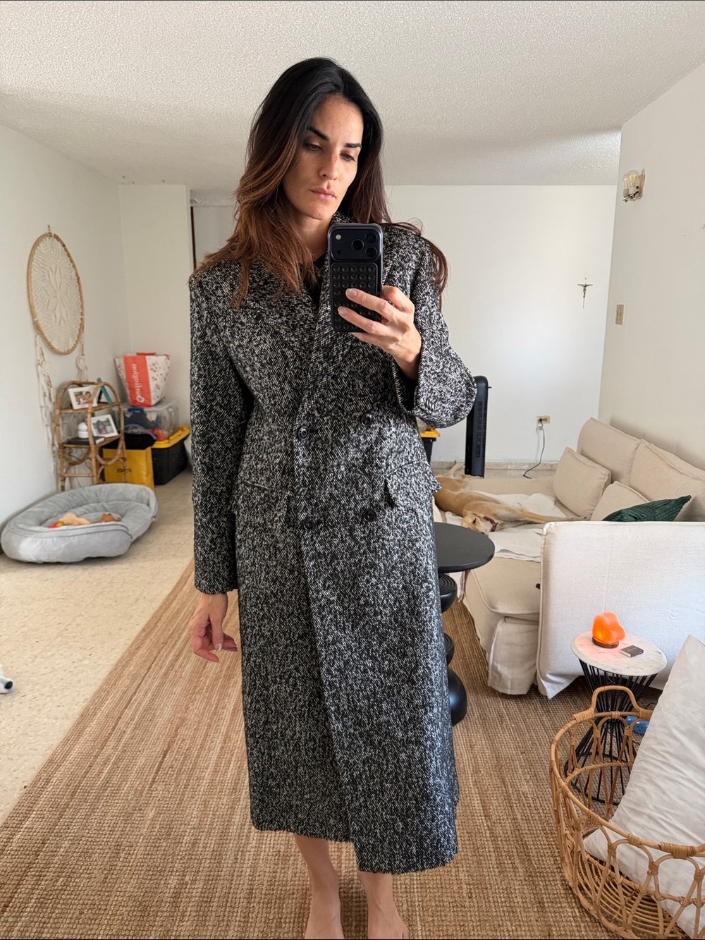 Mango Black and Gray Tweed Long Trench Coat